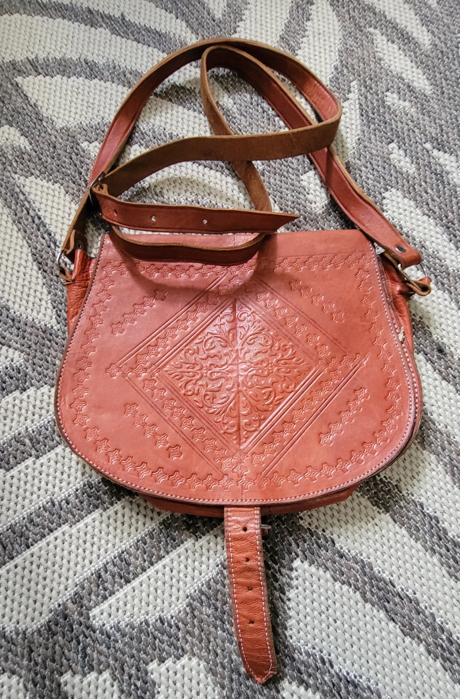 Vintage Brown Leather Embossed Shoulder Bag