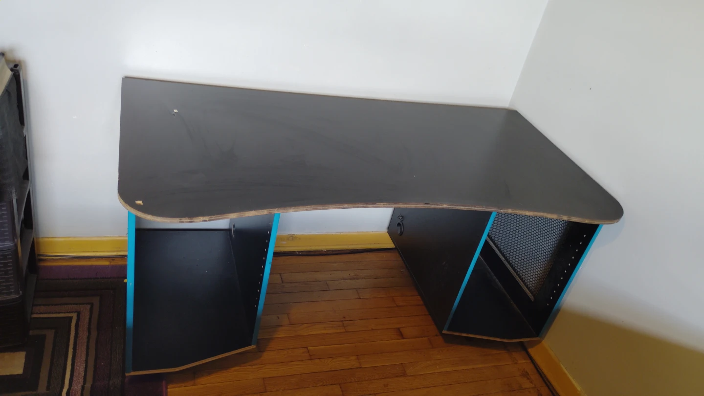 Black and Blue Curved Desk with Shelving - photo 2