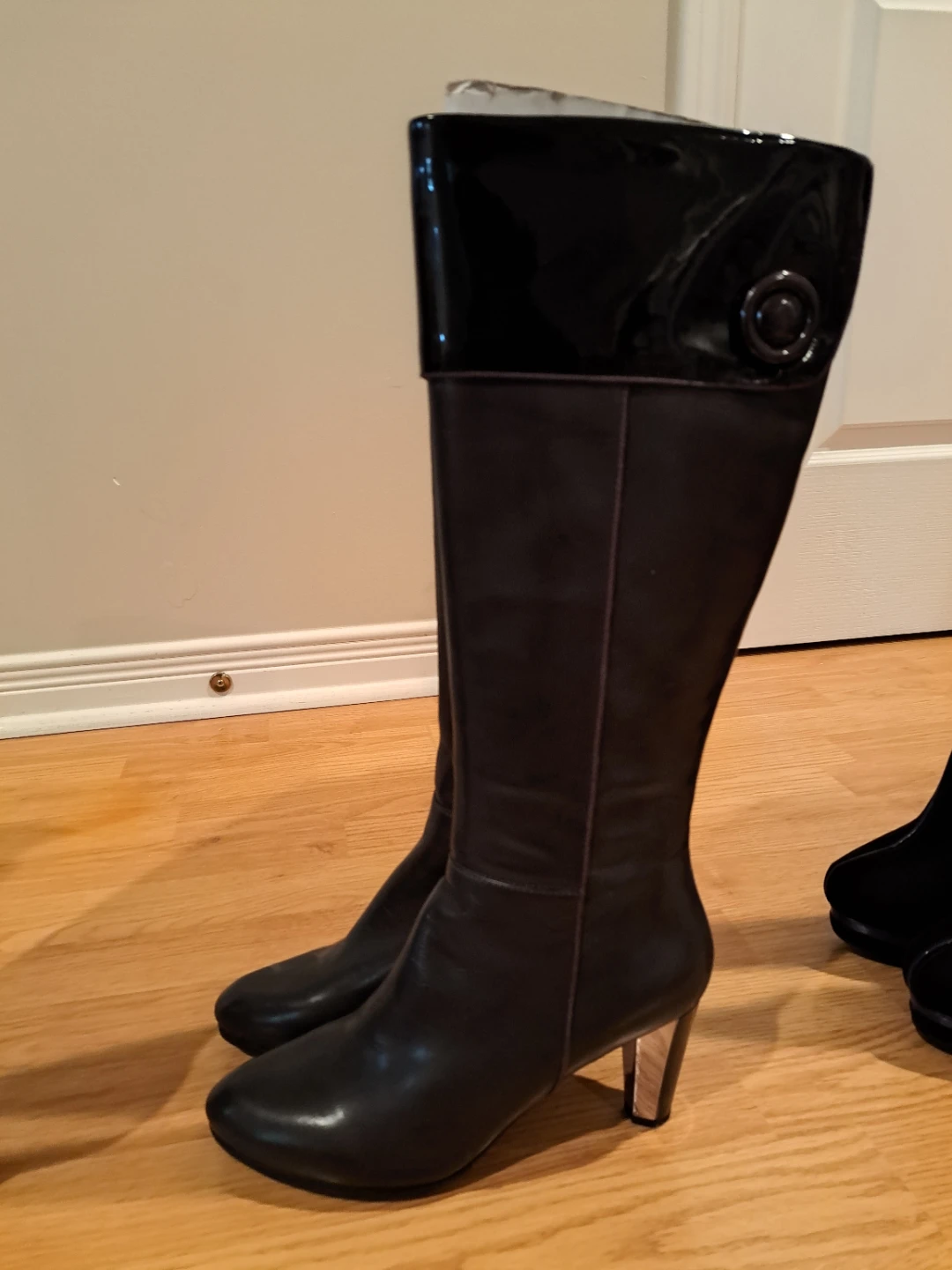 Black Knee-High Boots with Patent Accents