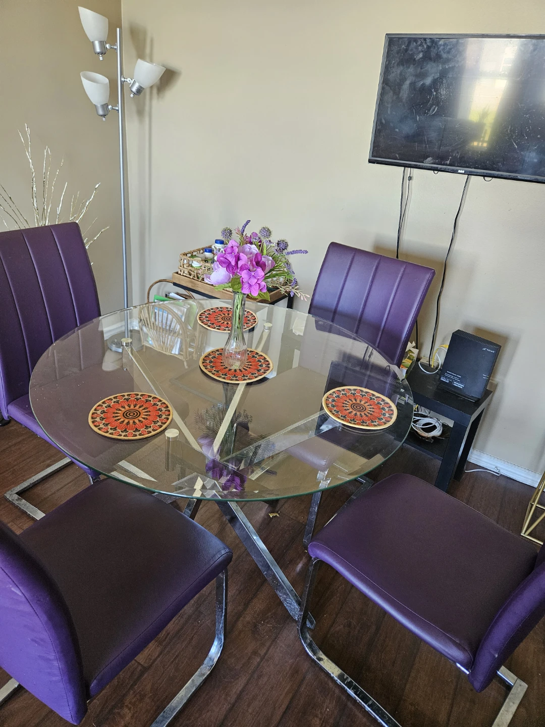Glass Dining Table with 4 Purple Chairs