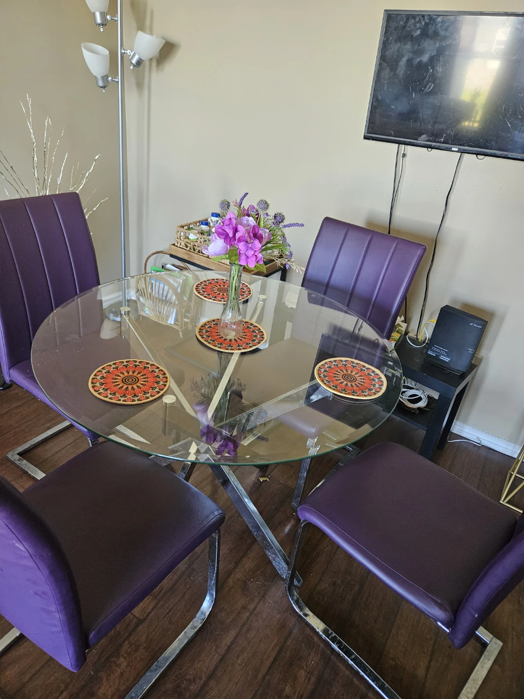 Glass Dining Table with 4 Purple Chairs - photo 2