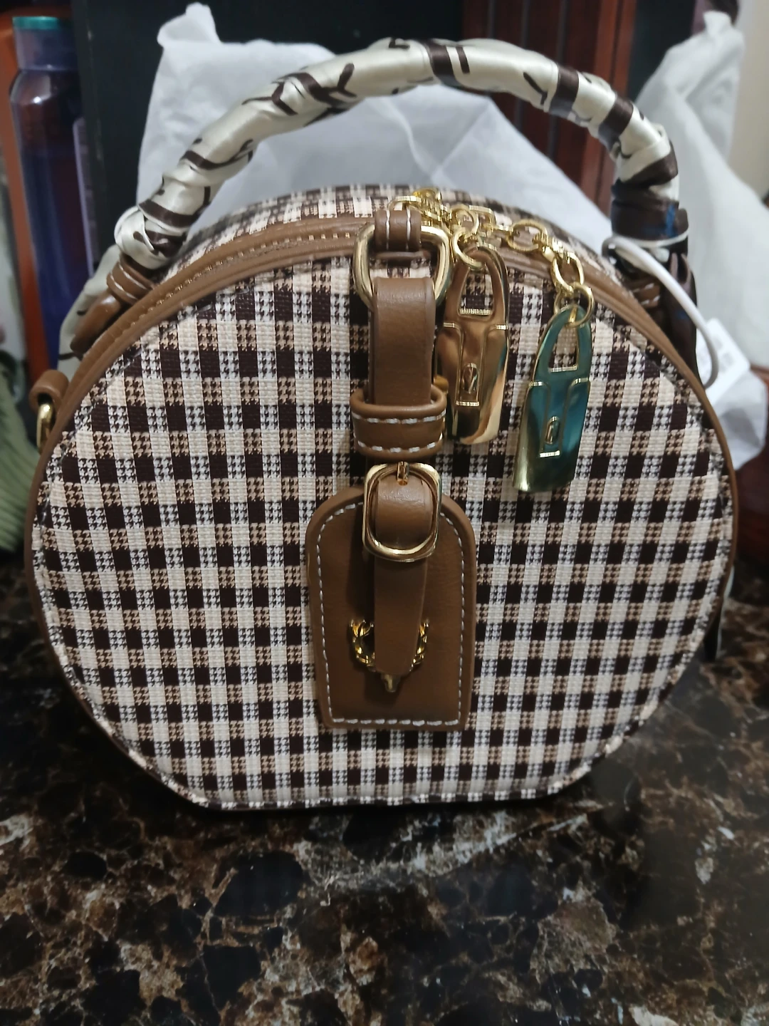 Brown Plaid Round Handbag with Scarf Handle