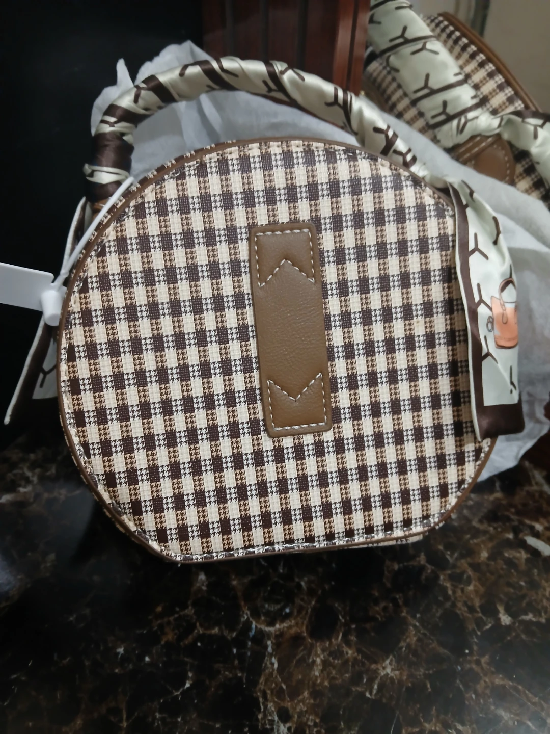 Brown Plaid Round Handbag with Scarf Handle - photo 3