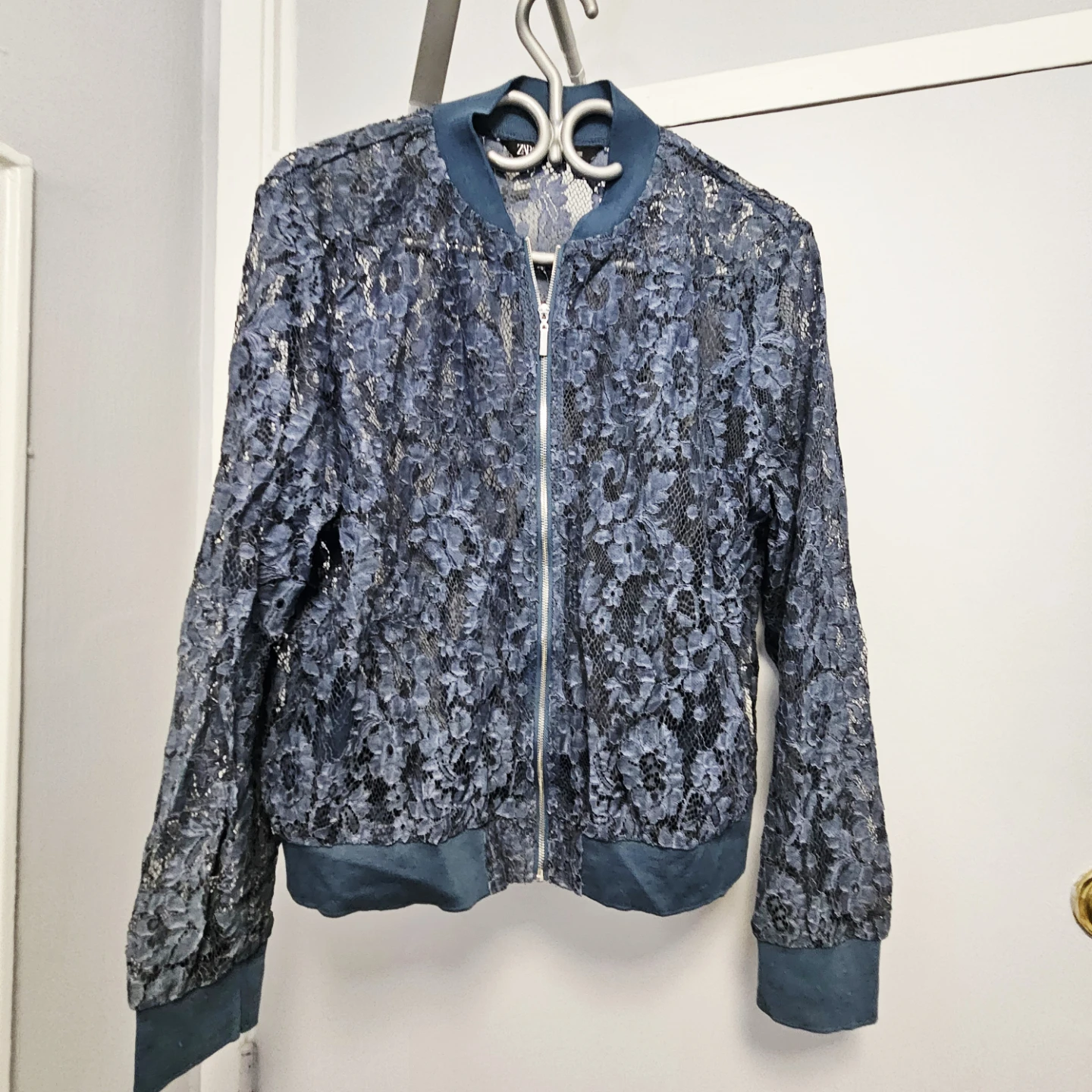 ZARA Blue Lace Bomber Jacket - Size XL