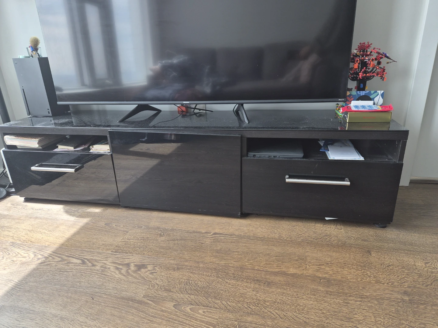 Black TV Stand with Drawer and Shelf Storage
