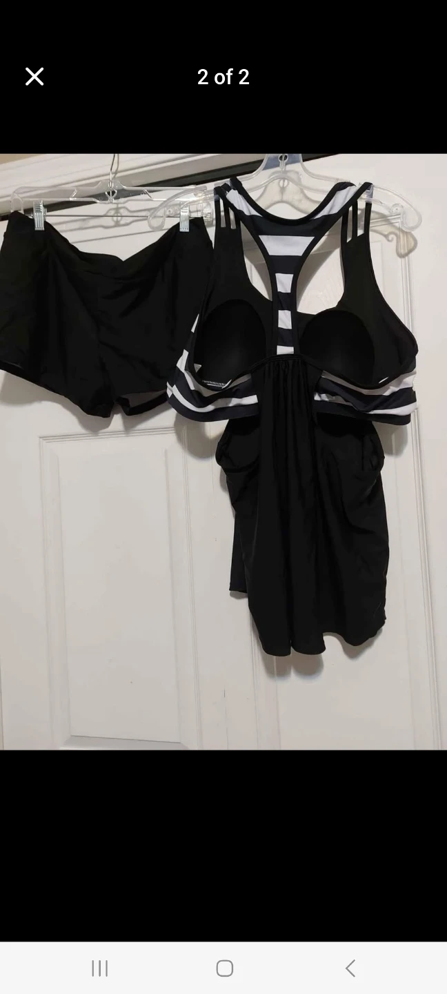 Women's Black & White Striped Tankini Swimsuit with Shorts - photo 2
