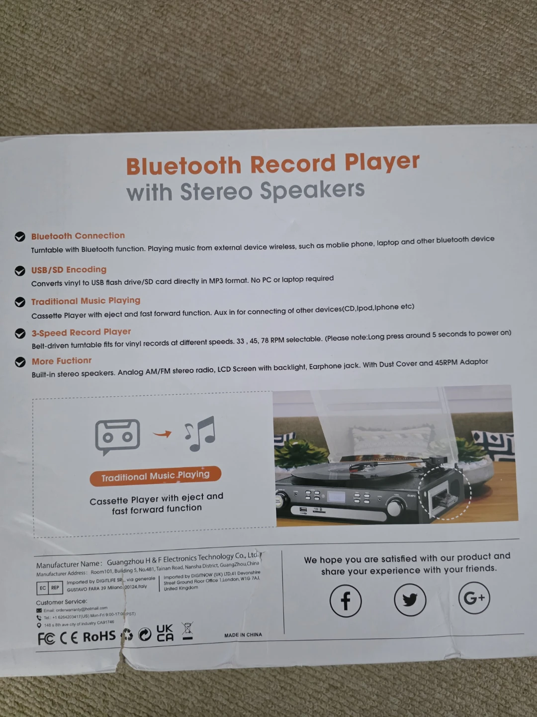 DigitNow! Bluetooth Record Player w Stereo Speakers & Cassette - photo 3
