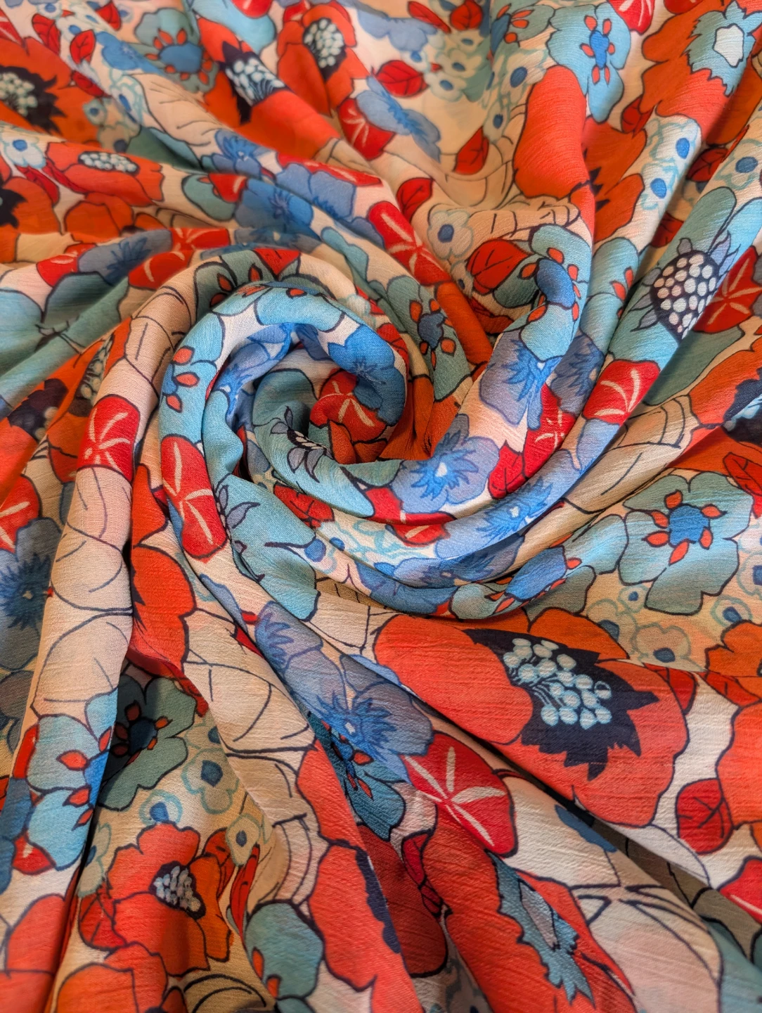 Floral Print Fabric - Blue, Orange - photo 2