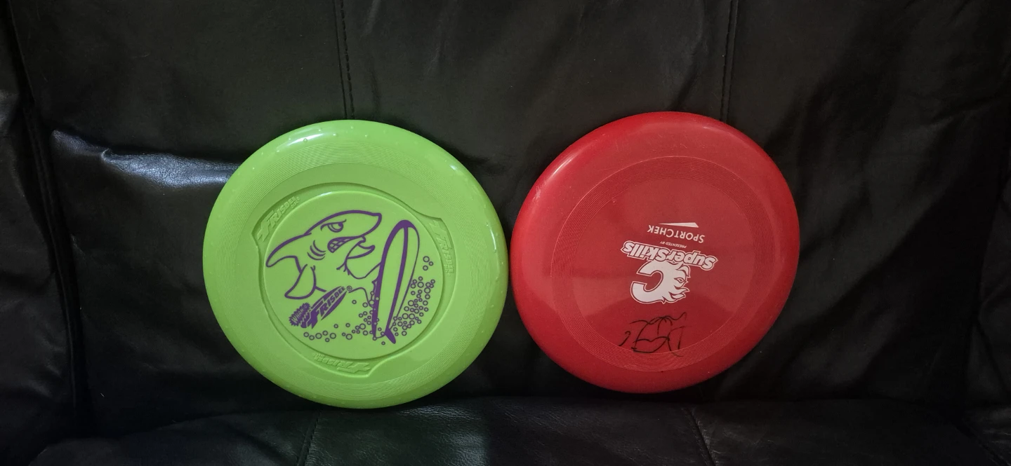 Green Frisbee with Shark Design and Red SportChek Frisbee
