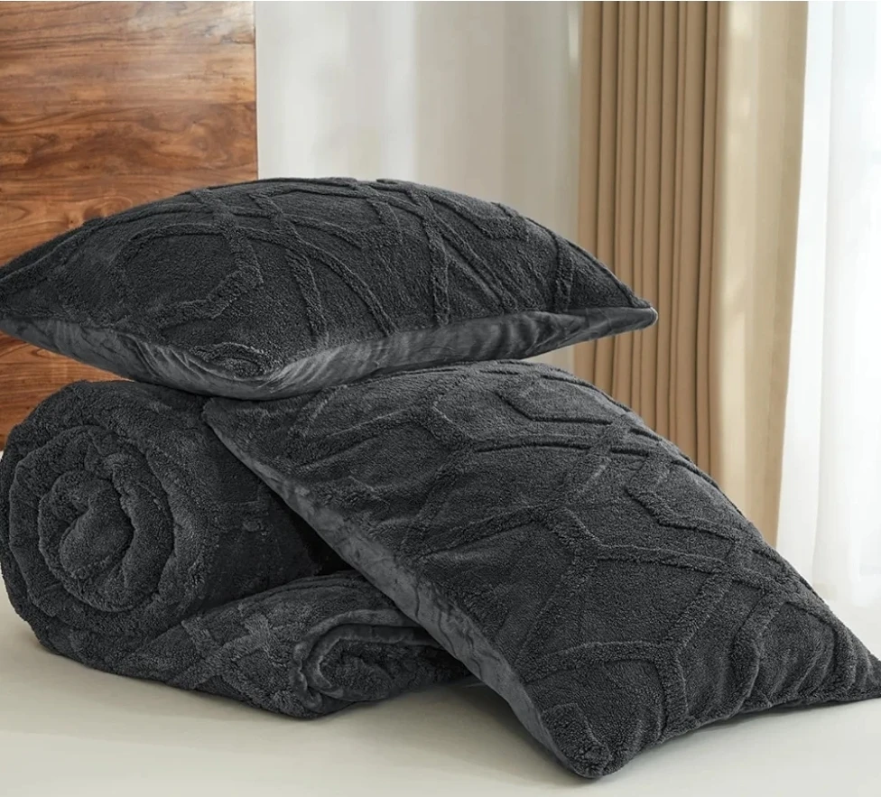 PHF Warm Sherpa Fleece King Comforter Set - Dark Grey