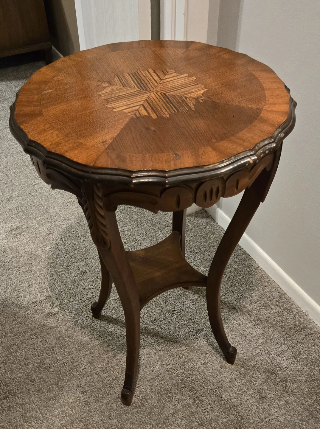 Vintage Wood Accent Side Table with Inlay Top
