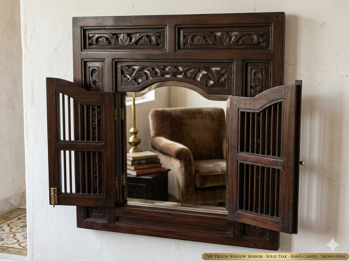 Mid-Century Solid Teak Hand-Carved Window Mirror