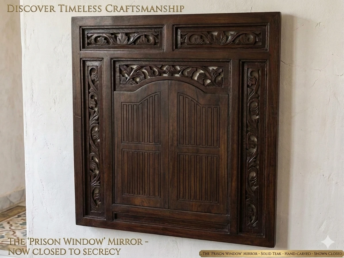Mid-Century Solid Teak Hand-Carved Window Mirror - photo 4