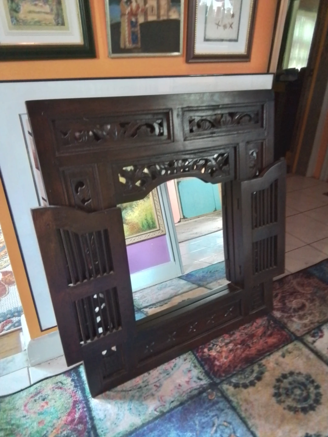 Mid-Century Solid Teak Hand-Carved Window Mirror - photo 5