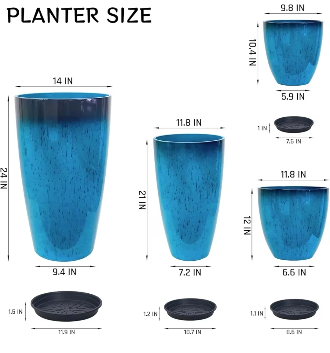 Set of 4 Blue Ceramic Planters with Saucers - photo 4