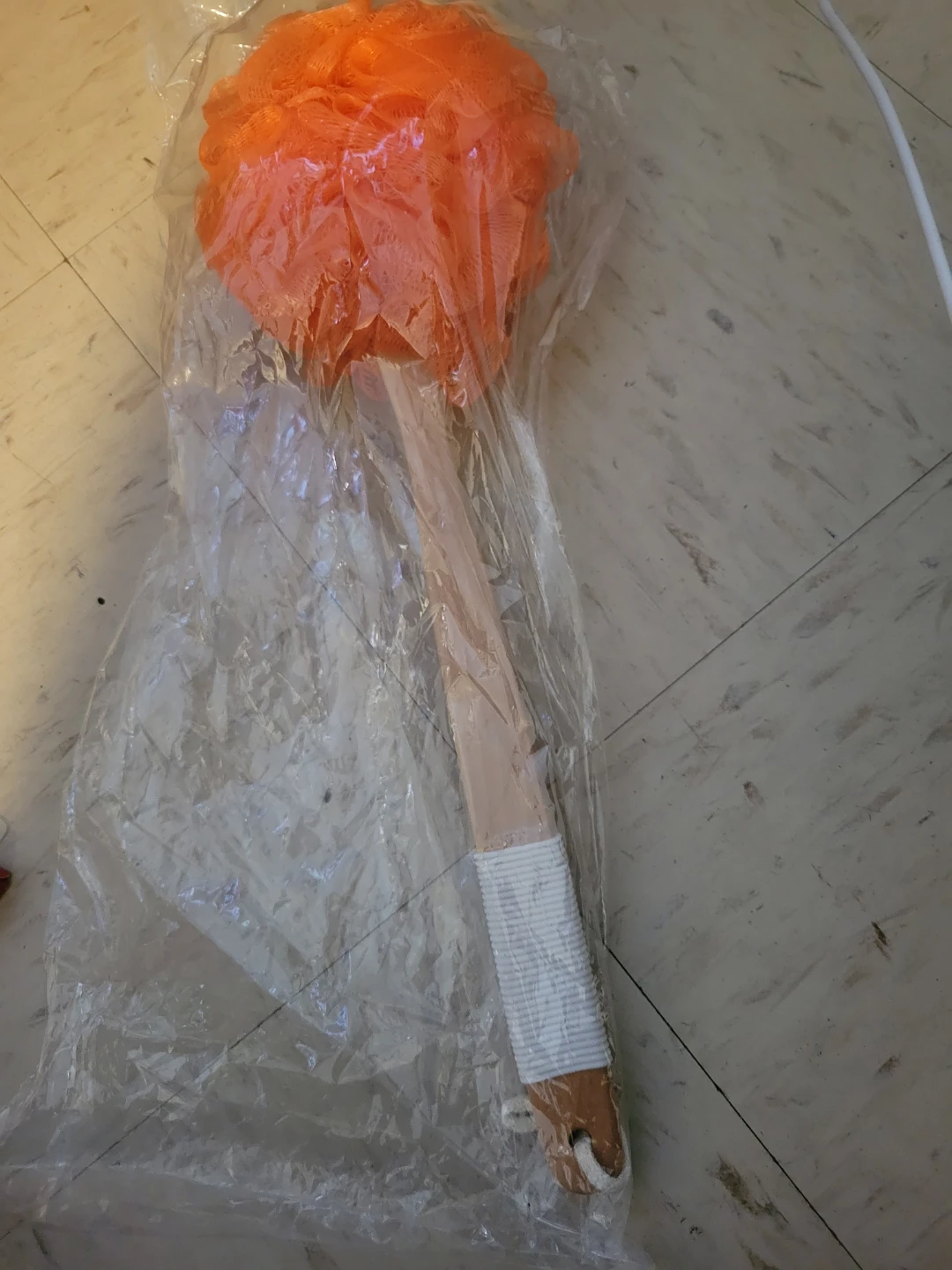 Orange Bath Loofah with Wooden Handle