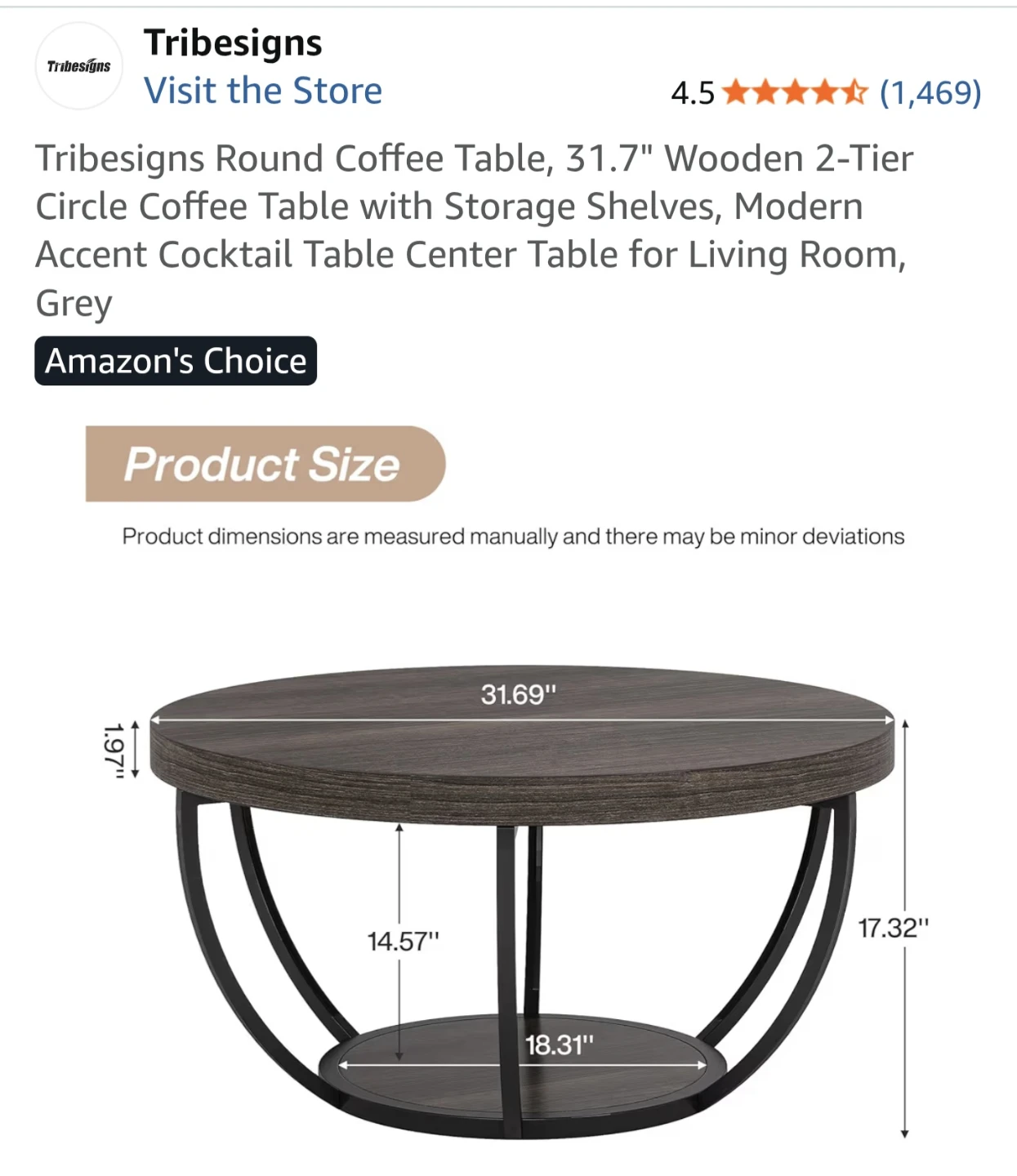 Tribesigns Round Coffee Table - Grey - photo 3