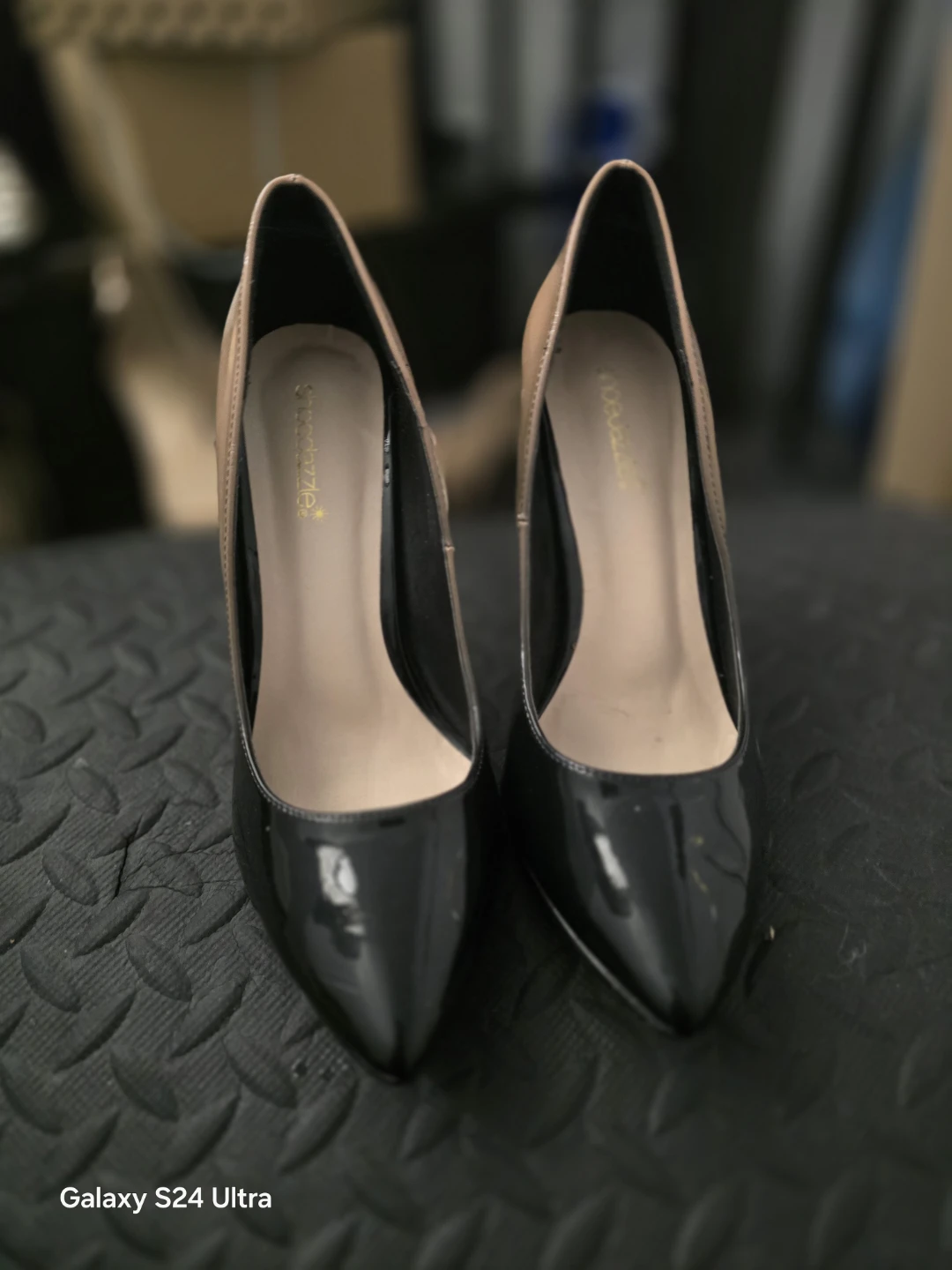Women's Stiletto Heels - Tan & Black Patent