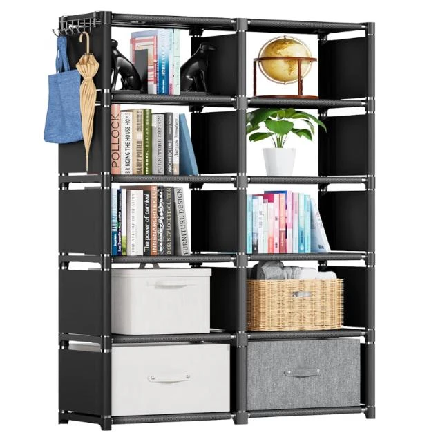 Black 12-Cube Storage Shelf with Drawers