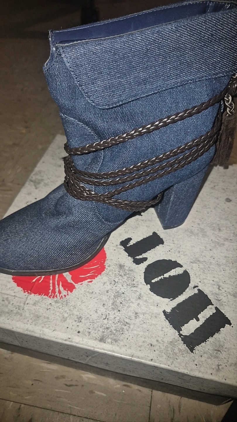 Denim Ankle Boots with Chain and Tassel Detail