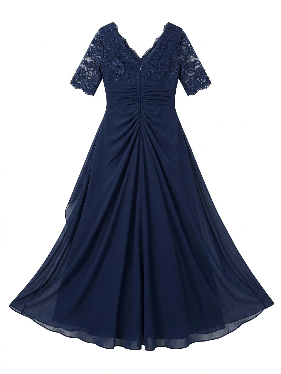 Navy Blue Lace Sleeve V-Neck Evening Dress - photo 2
