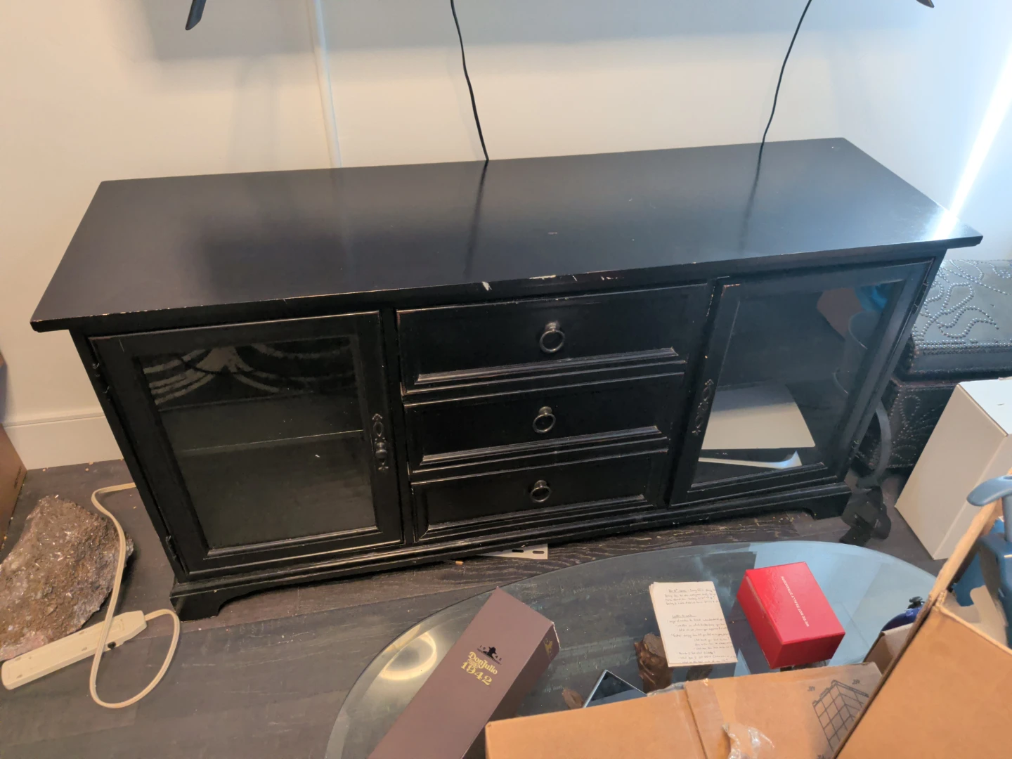 Black TV Console with Glass Doors and Drawers