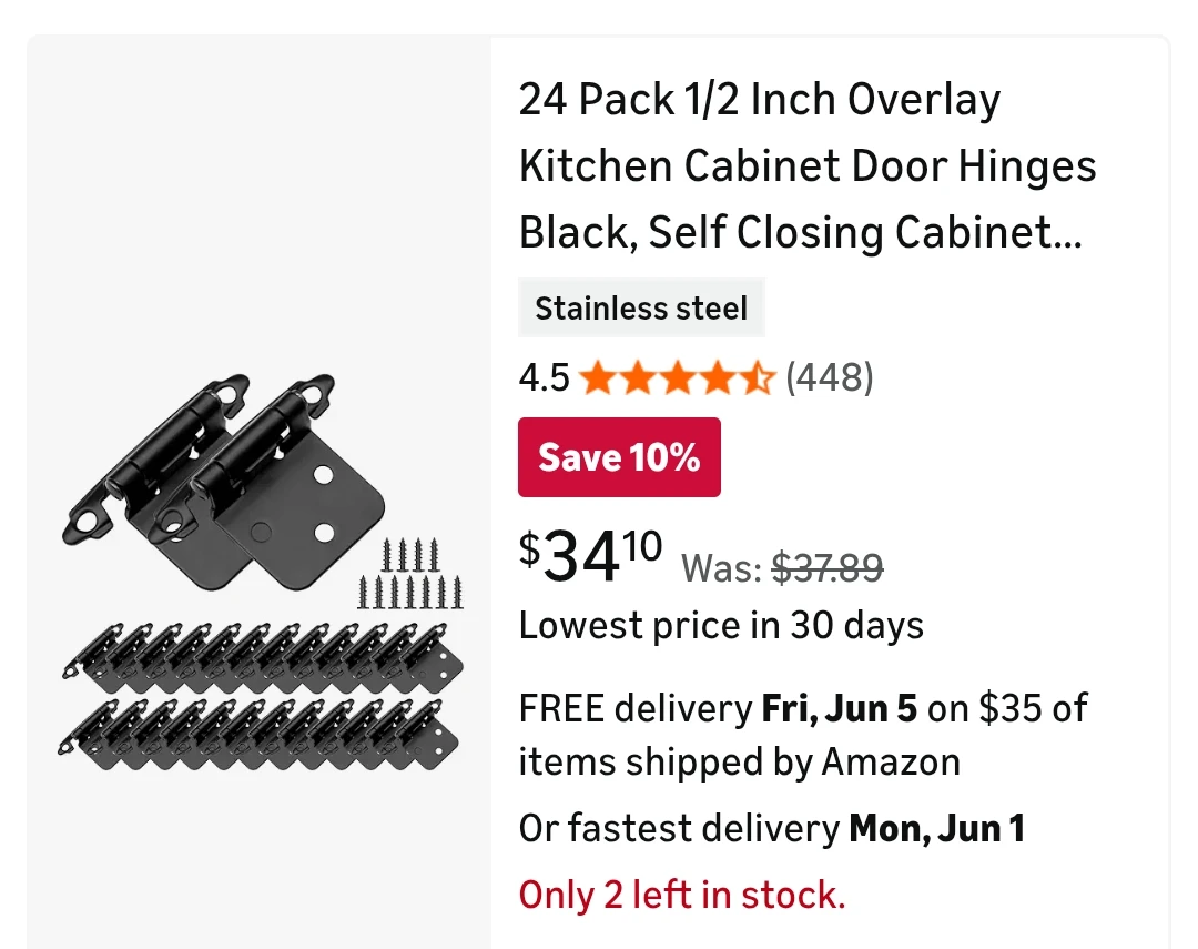 24 Pack Kitchen Cabinet Hinges - Black