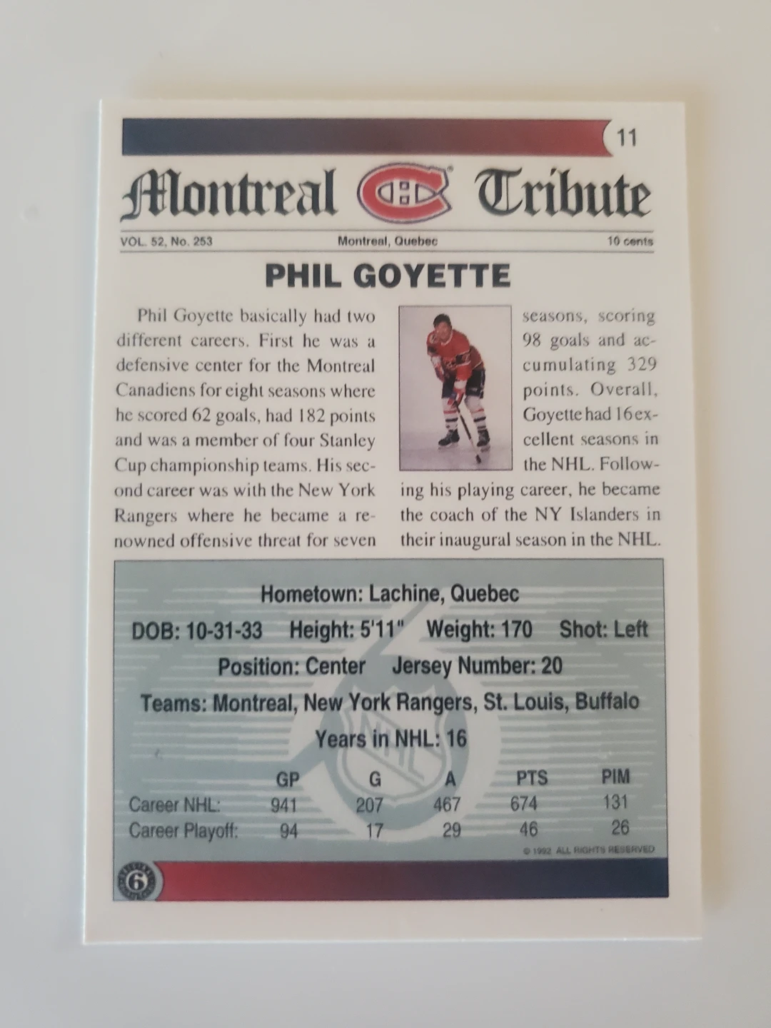 Phil Goyette 1992 Montreal Tribune Hockey Card - photo 2