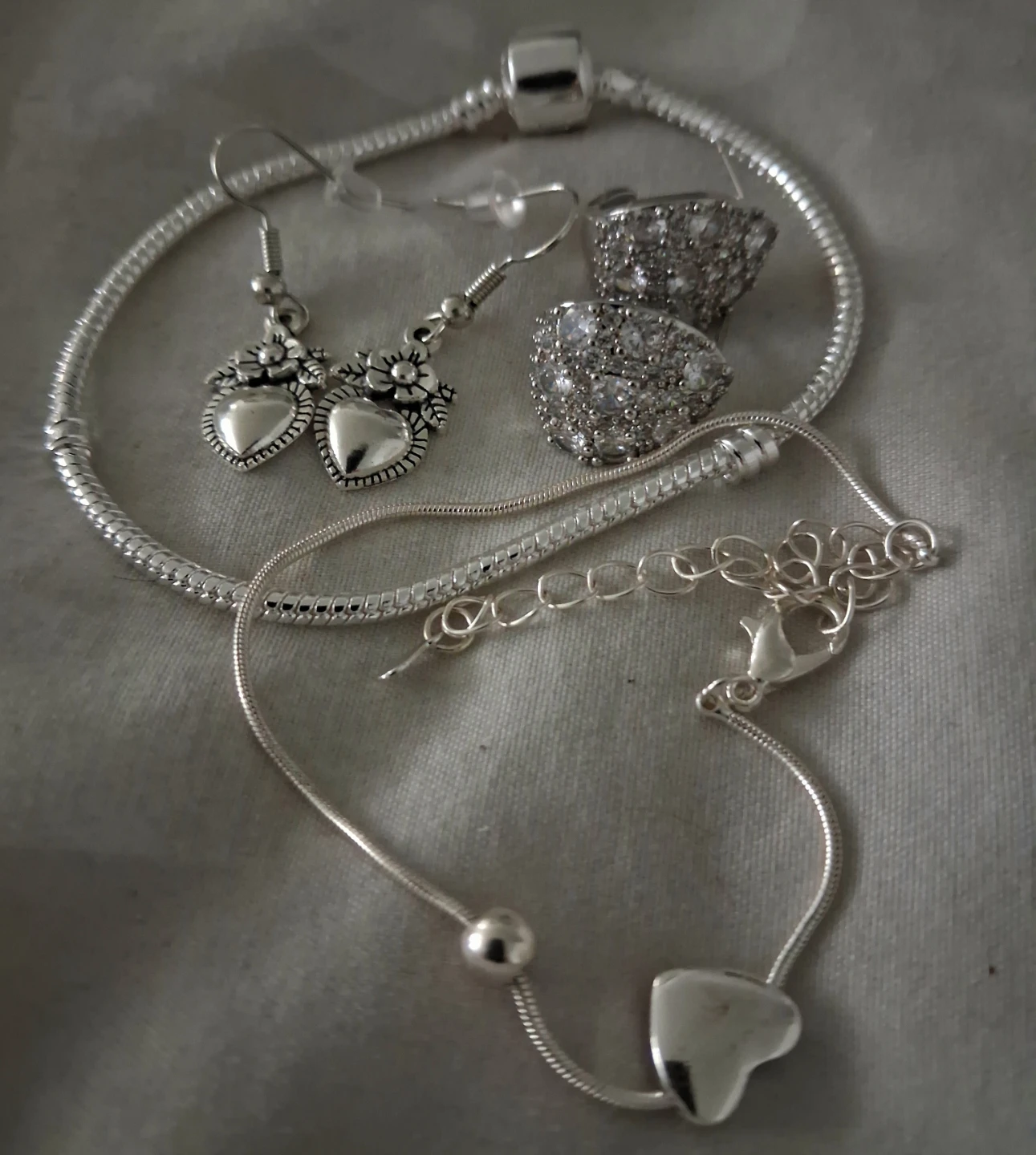 Silver Tone Heart Earrings and Bracelet Set