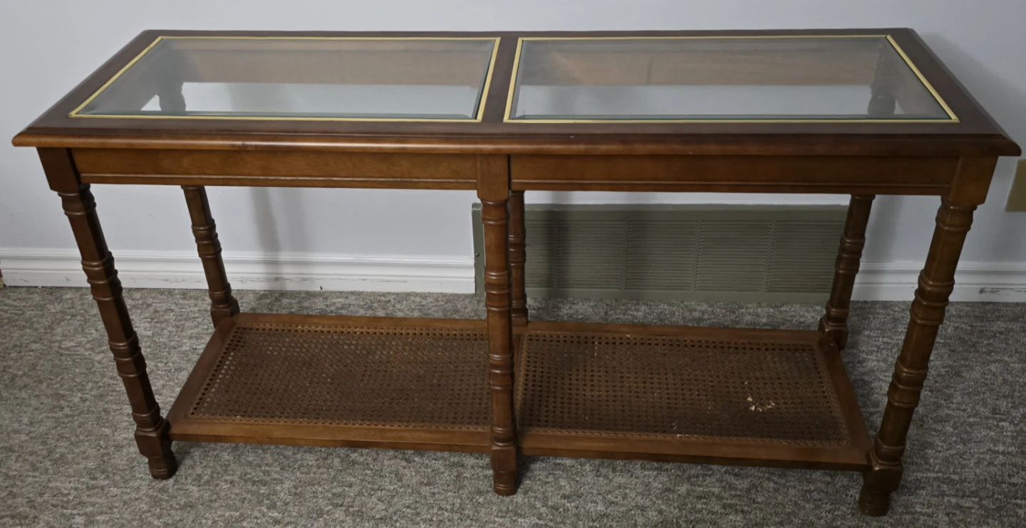 Wood and Glass Console Table with Cane Shelves - photo 3
