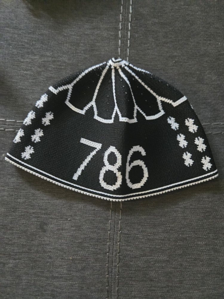 Black Kufi Hat with 786 and White Floral Pattern