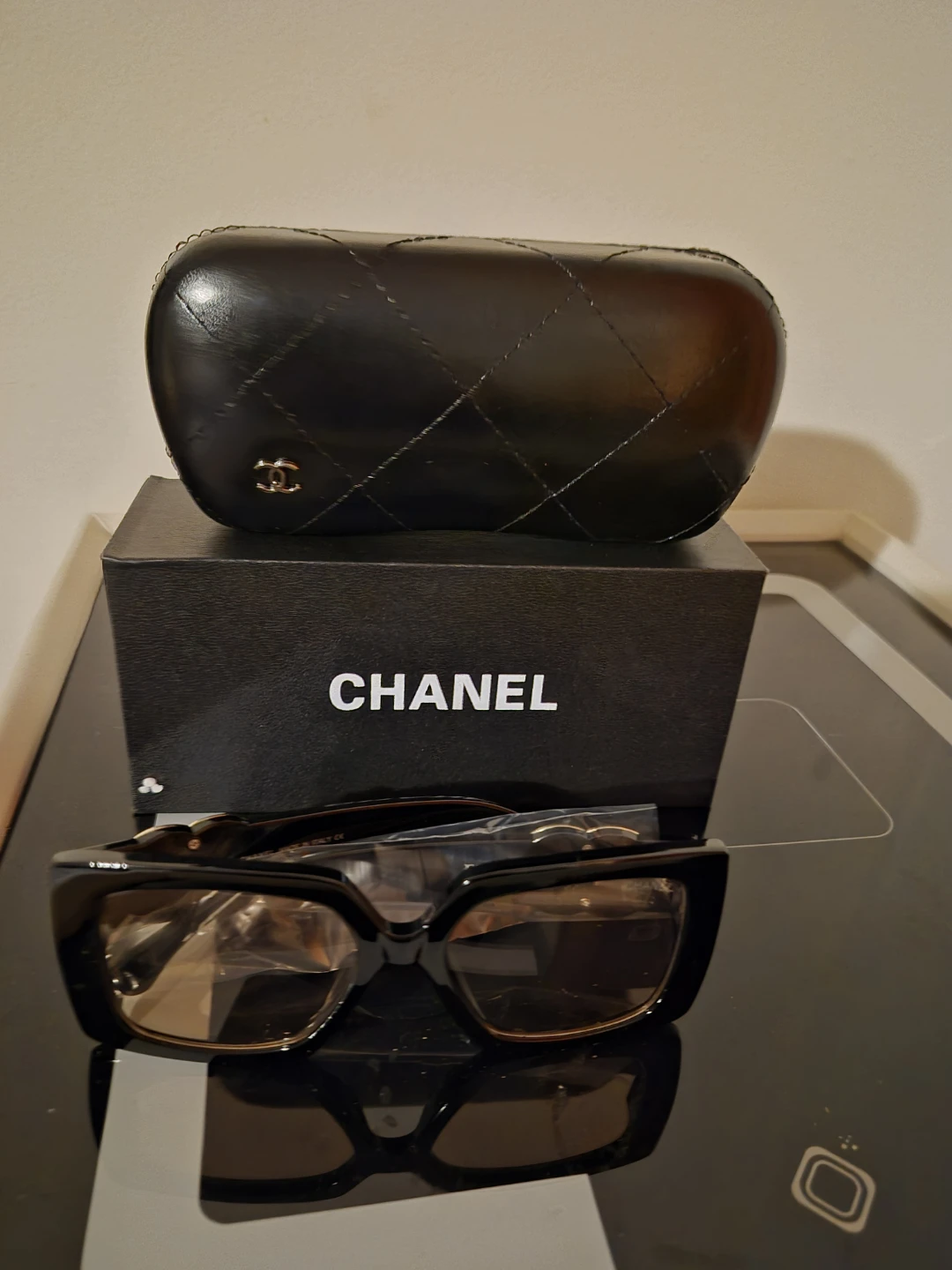 Chanel Black Cat-Eye Sunglasses with Case and Box