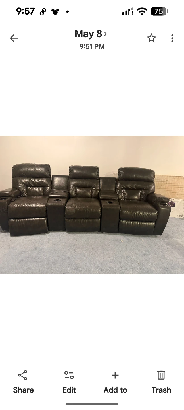 Dark Brown Faux Leather Recliner Sofa with Cup Holders & USB