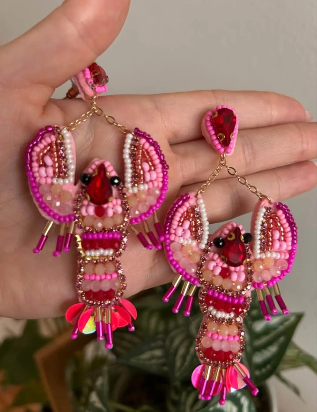 Beaded Lobster Earrings - Pink & Red