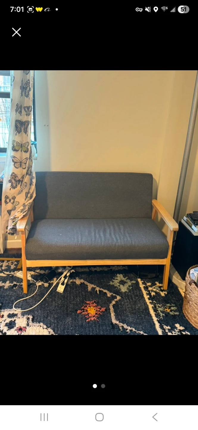Grey Loveseat with Wooden Frame
