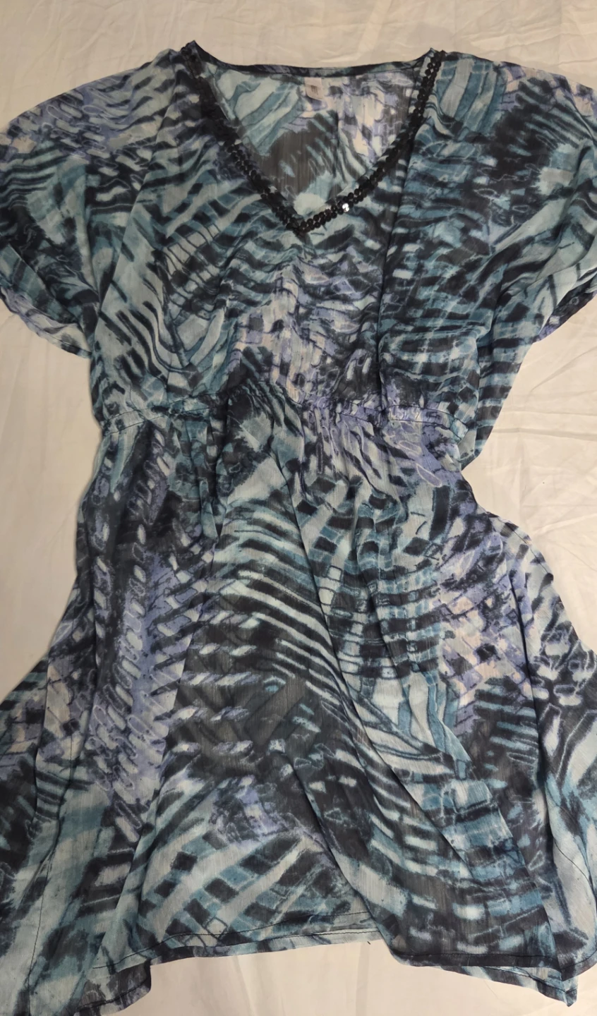 Blue and Black Abstract Print Sheer Cover-Up Dress