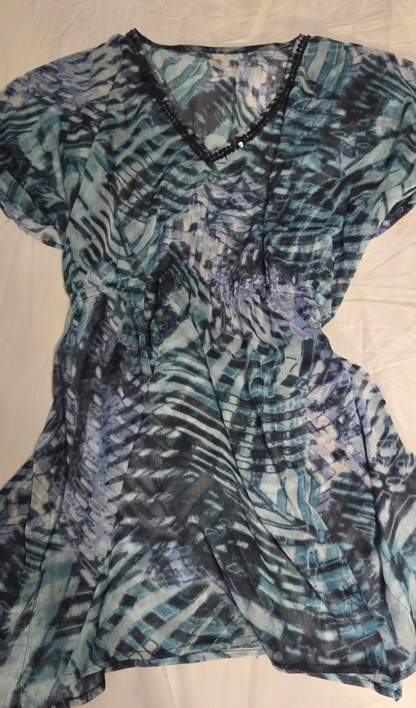 Blue and Black Abstract Print Sheer Cover-Up Dress