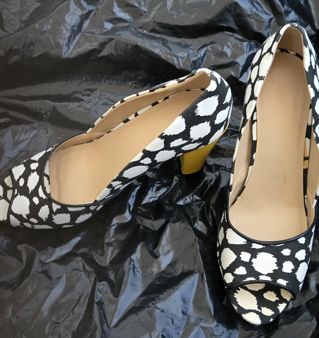 Women's Peep Toe Heels - Black/White Pattern - photo 5