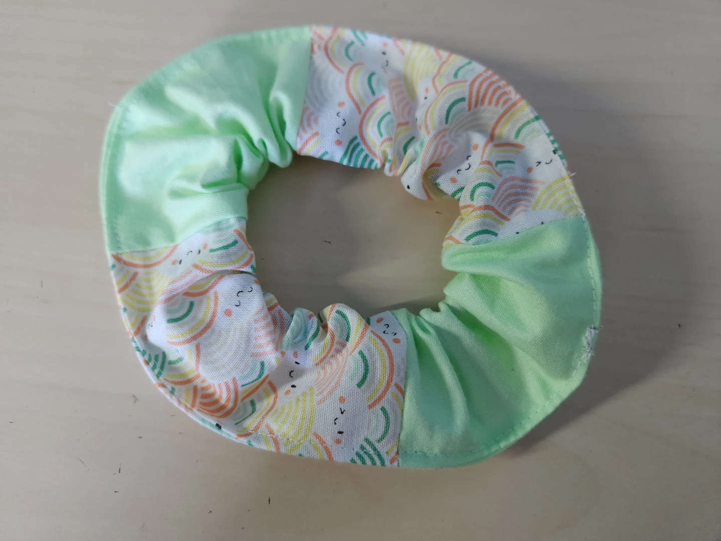 Hand Made Fabric Scrunchie with Rainbow Cloud Pattern
