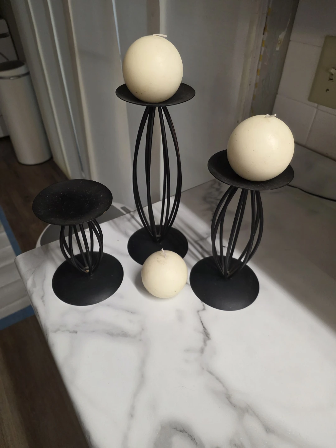 Set of 3 Black Metal Candlesticks with Ivory Ball Candles