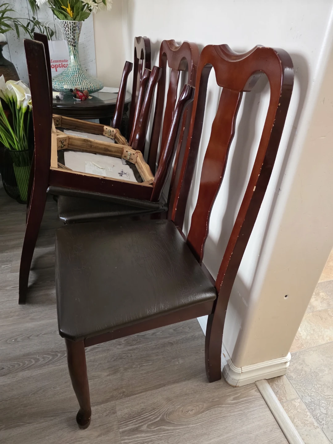 Set of 6 Wooden Dining Chairs with Dark Upholstery