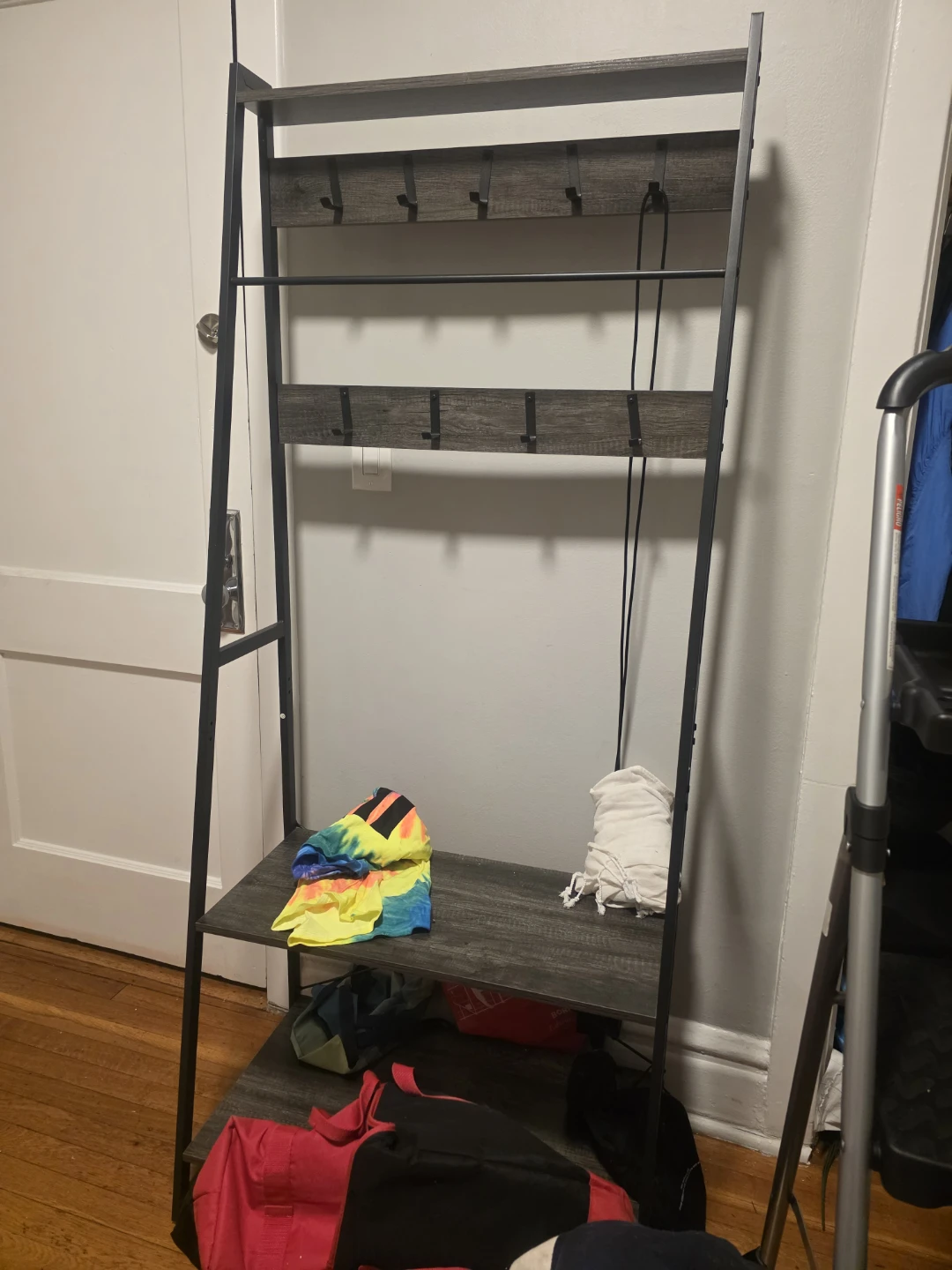 Metal and Wood Entryway Shelf with Hooks