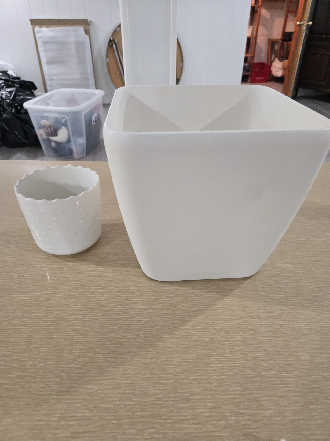 White Ceramic & Plastic Planters Set