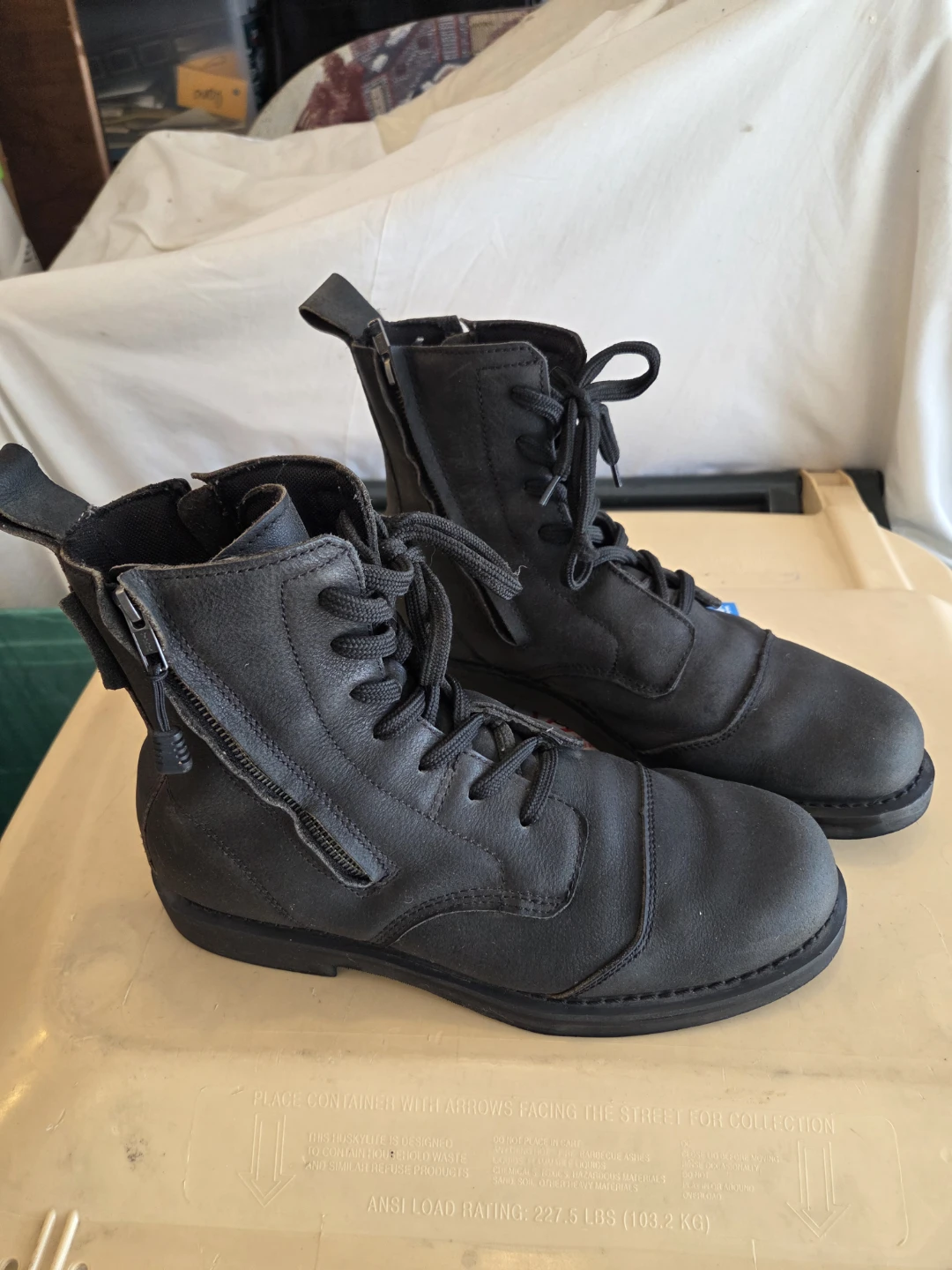 Black Leather Lace-up Motorcycle Boots with Side Zippers