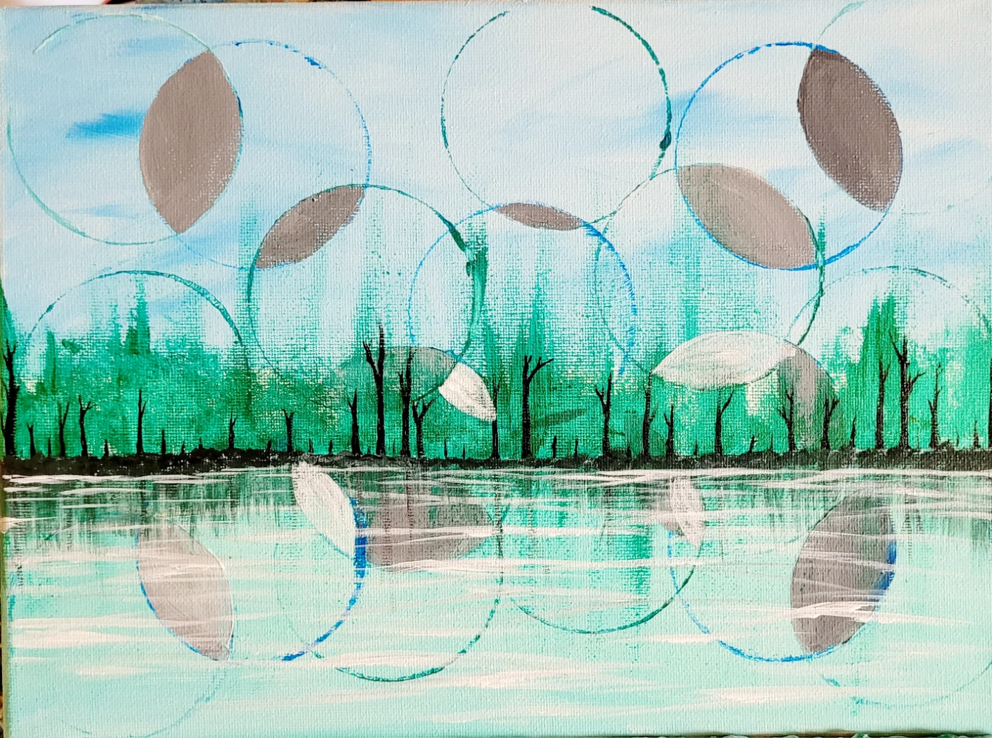 Original Acrylic Painting - Lakeside Forest Scene