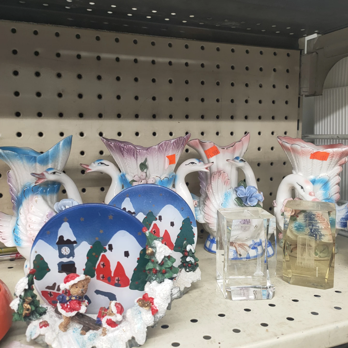 Assorted Vintage Ceramic Swan Vases and Christmas Figurine