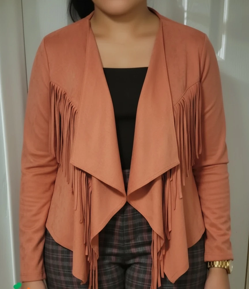 Salmon Faux suede waterfall fringe jacket