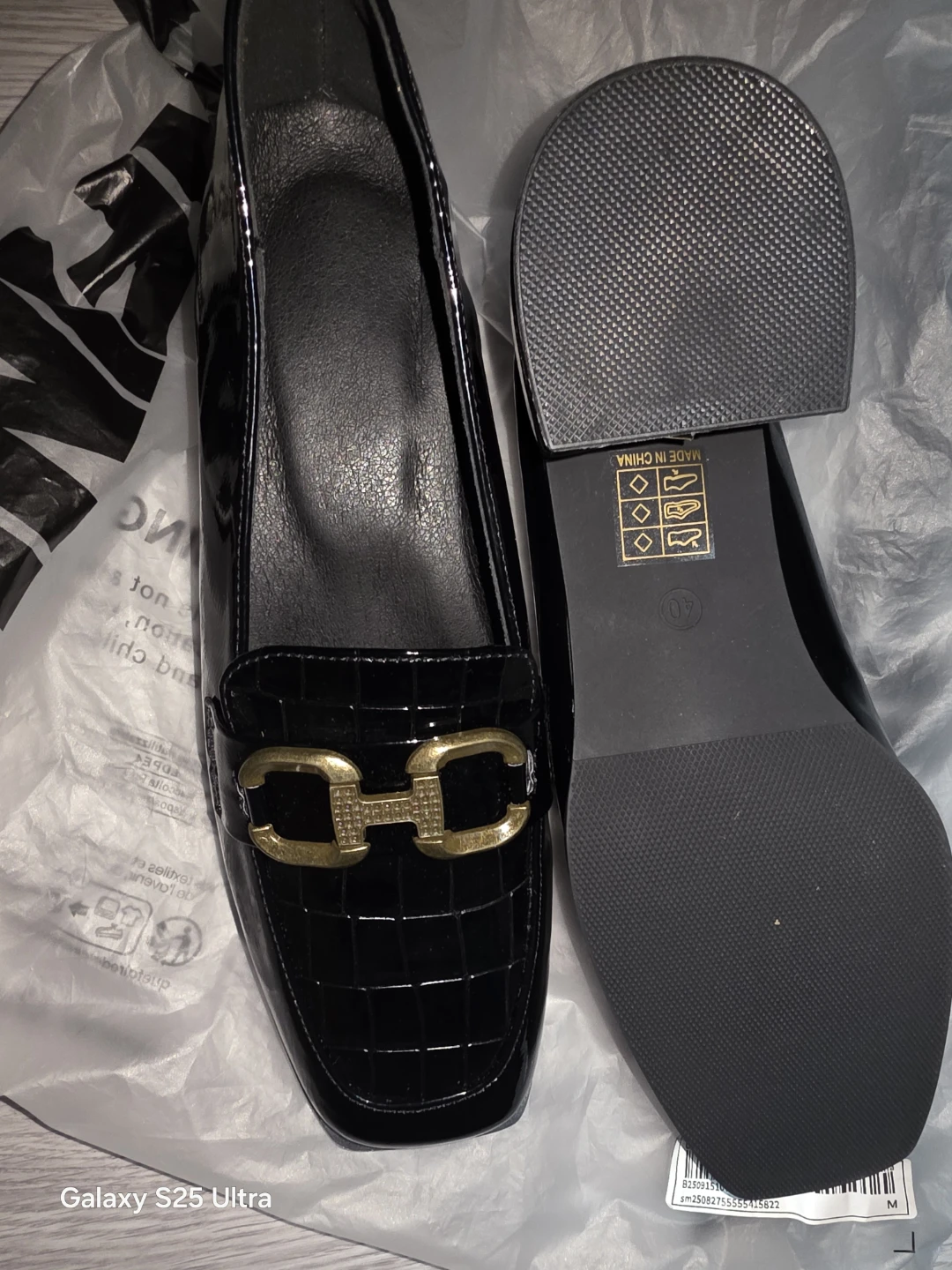 Black Patent Loafers with Gold Buckle - Size 40