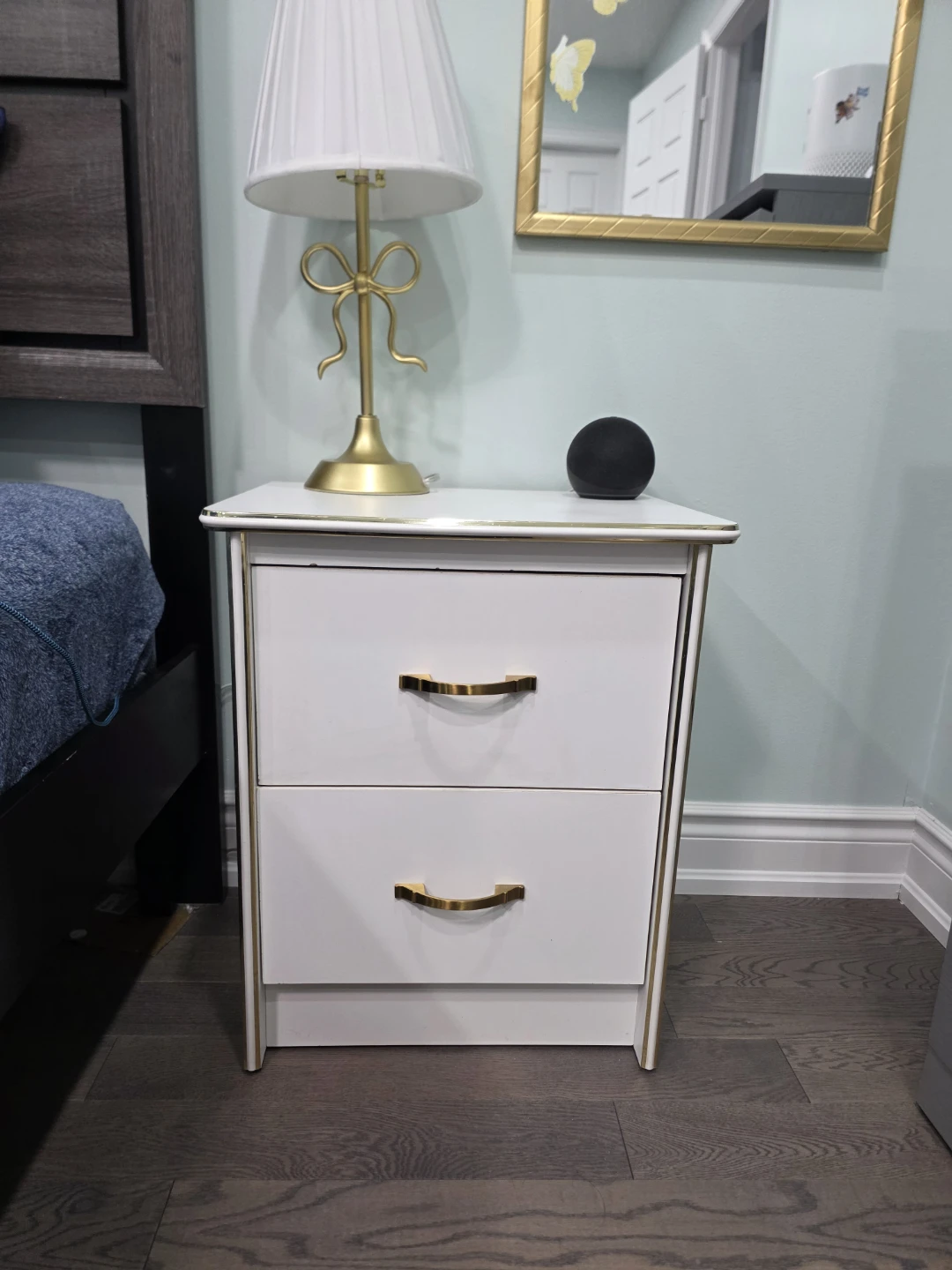 White 2-Drawer Nightstand with Gold Trim
