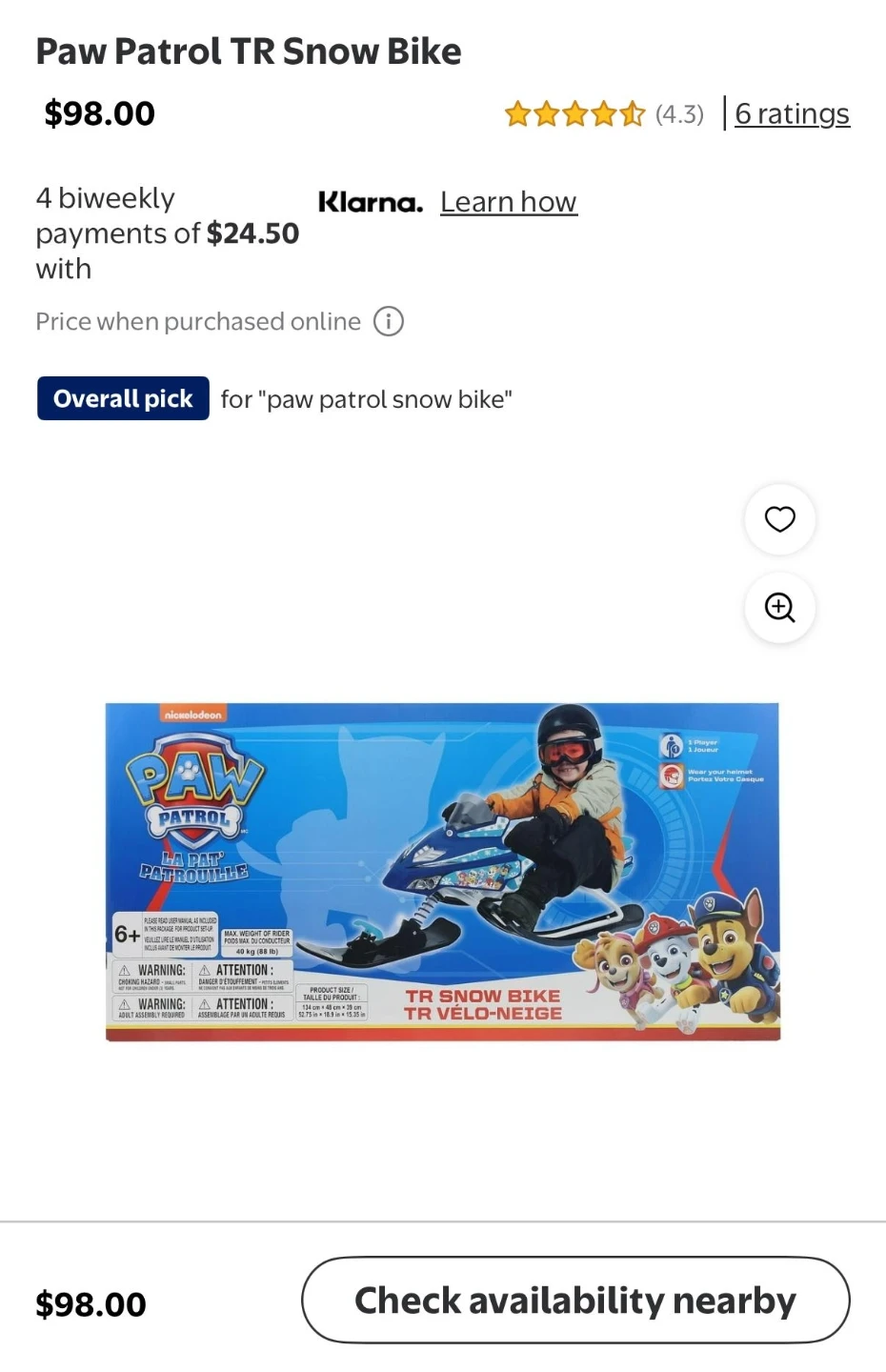 Paw Patrol TR Snow Bike for Kids